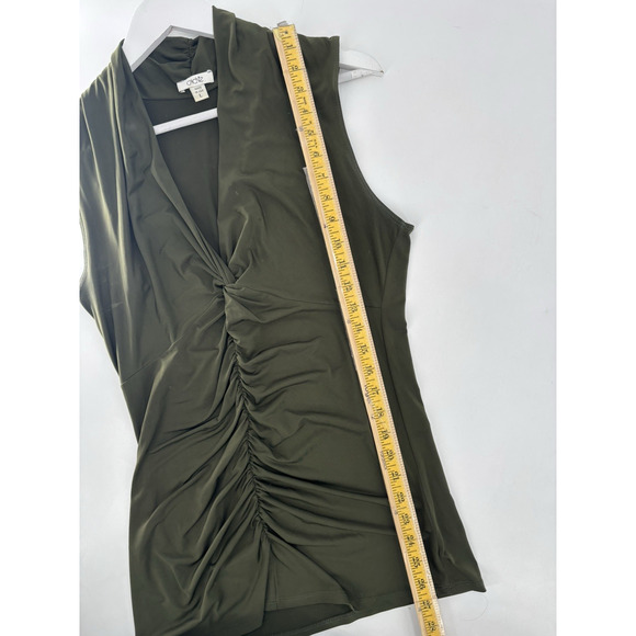 Vintage Cache Blouse Womens Large Army Green Sleeveless Ruched V Neck Stretchy - Picture 14 of 14